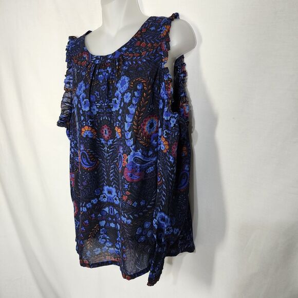 Ann Taylor Loft Womens Top Small Cold Shoulder Floral Print Long Sleeve Ruffles - Picture 4 of 13